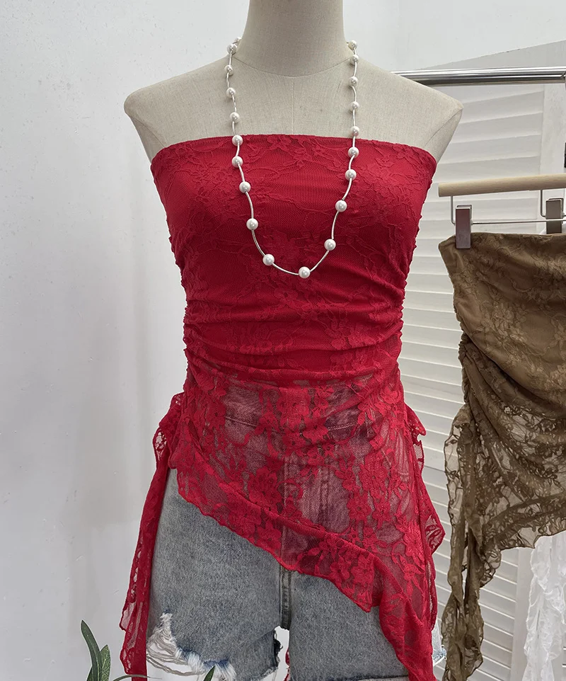 Uveng Thai Hottie Sexy Hollow Lace Tradious Sleeveless Top Irregular Ribbon Vest 99561