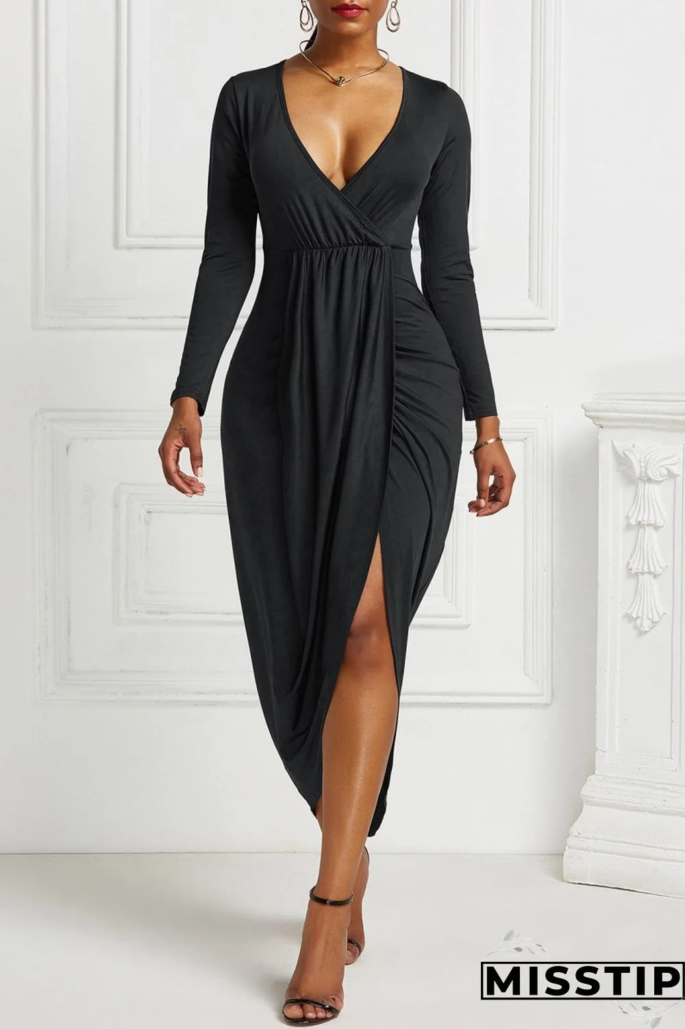 Ink Green Casual Solid Patchwork V Neck Long Sleeve Dresses