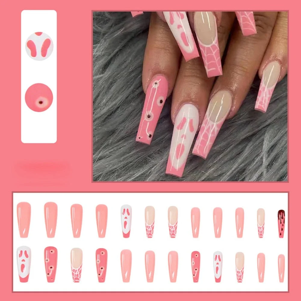 Halloween Pink Ghost Ballerina False Nails with Design French Coffin Fake Nails Press On Nails Detachable Manicure Nail Tips