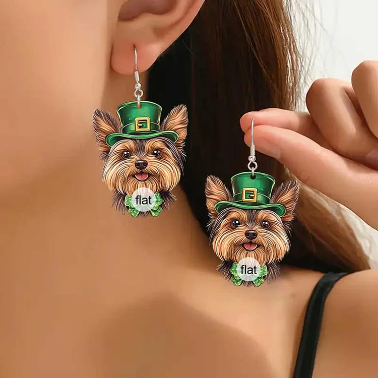 St. Patrick'S Day Yorkshire Terrier Dog with Hat & Shamrock Bow Earrings 