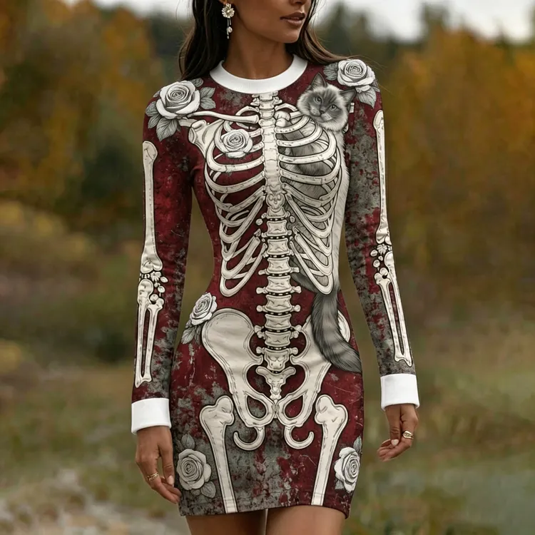Women's Gothic Skeleton White Rose And Cute Cat Art Print Bodycon Mini Dress