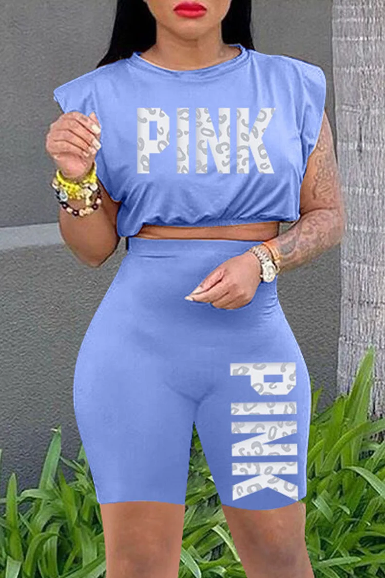 Blue Fashion Casual Letter Print Basic O Neck Sleeveless Two Pieces