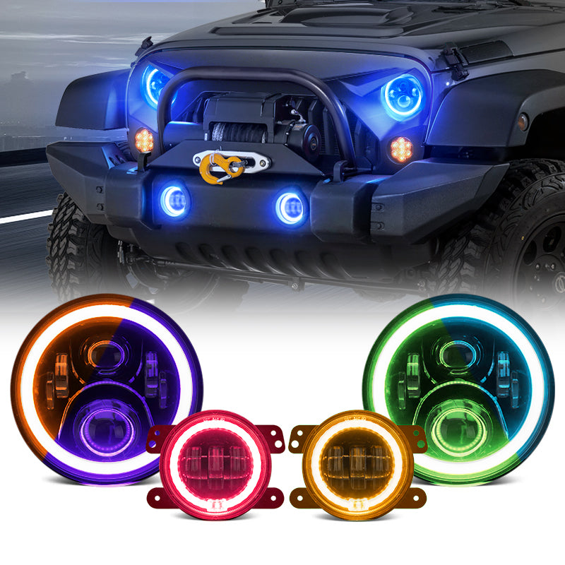 LED RGB Color Changing Halo Headlights with Amber Turn Signal + Fog Light Kit Combo For 2007-2018 Jeep Wrangler JK