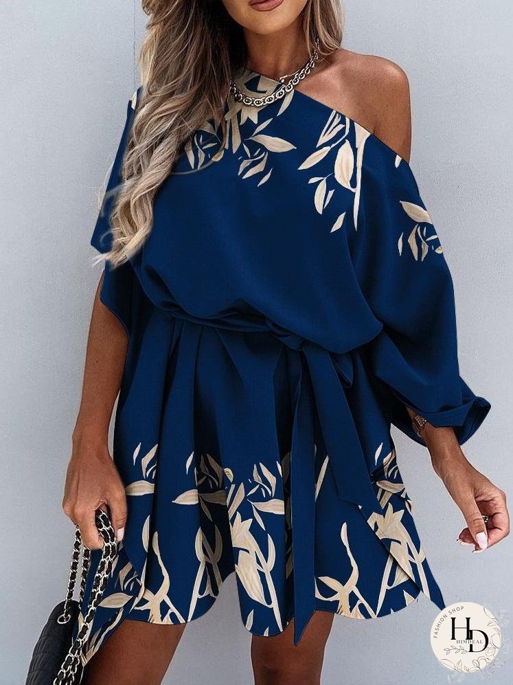 Dresses Printed Sloping Shoulder Belted Casual Dress for Women