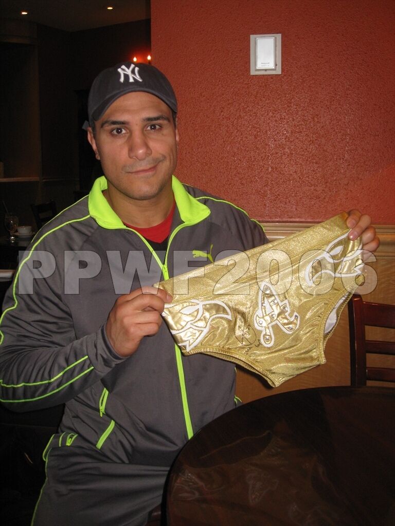 WWE ALBERTO DEL RIO RING WORN GOLD TRUNKS WITH EXACT PICTURE PROOF AND COA RARE