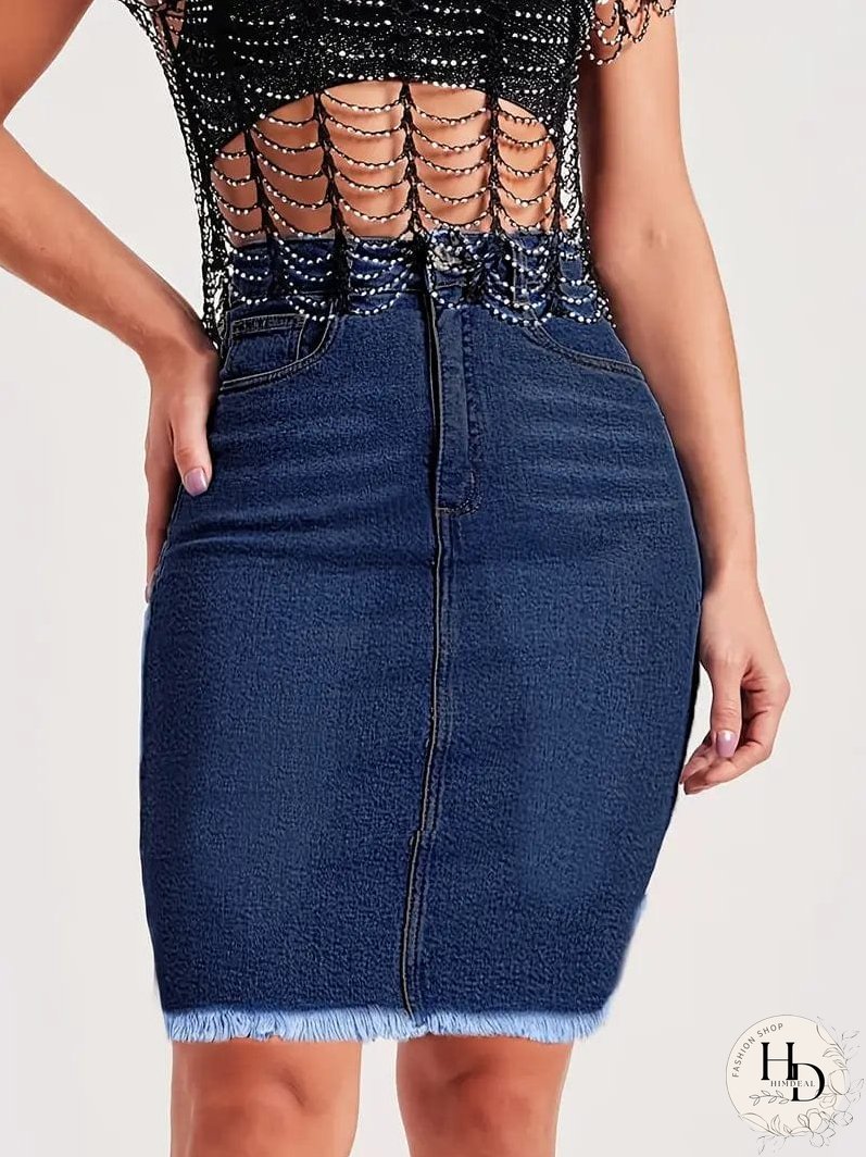Slim Fit Dark Blue Denim Skirt with Raw Hem for Women