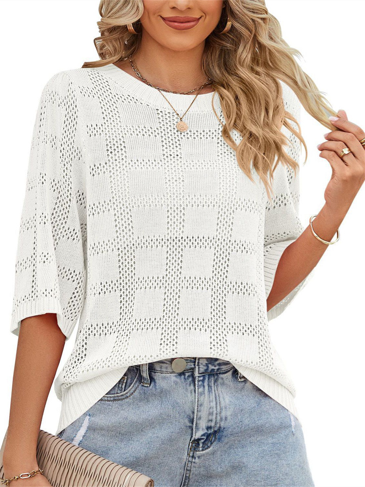 Summer Solid Color New Loose Type Women's Round Neck Hollow Knitted Five-part Sleeve Sweater Blouse