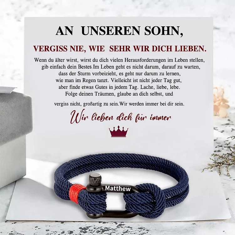 Herren Personalisierter 1 Name Edelstahl Hufeisenschnalle Handseil Armband-An unseren Sohn-Geschenk mit Nachrichtenkarte