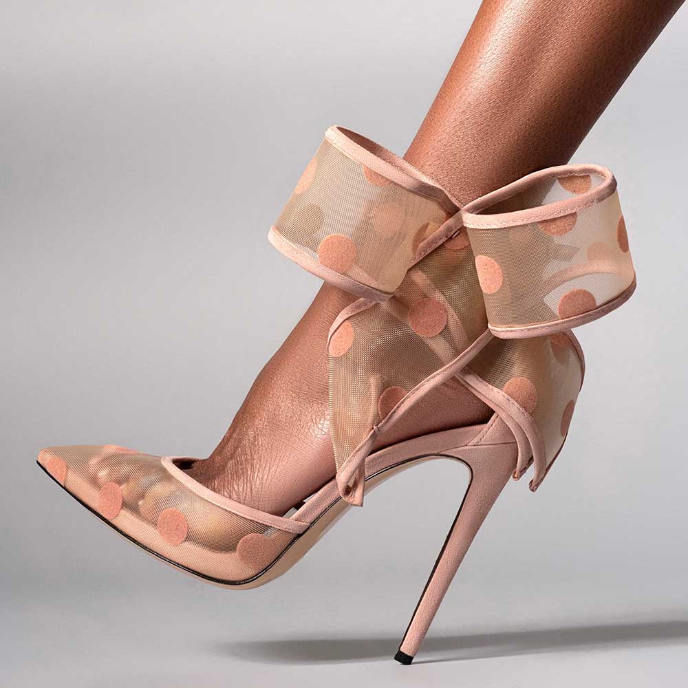 Pink & Beige Mesh Polka Dot Bow Decor Ankle Strap High Heels Sandals