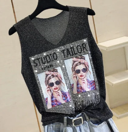 Knitted Vest Tank Top Women Onesize V-neck Streetwear Casual Tank Top Women Summer Thin Bright Silk Sleeveless Vest Outwear Tops