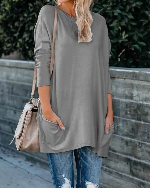 Plus Size Women Cotton Plain Color Pockets Long Sleeve Top