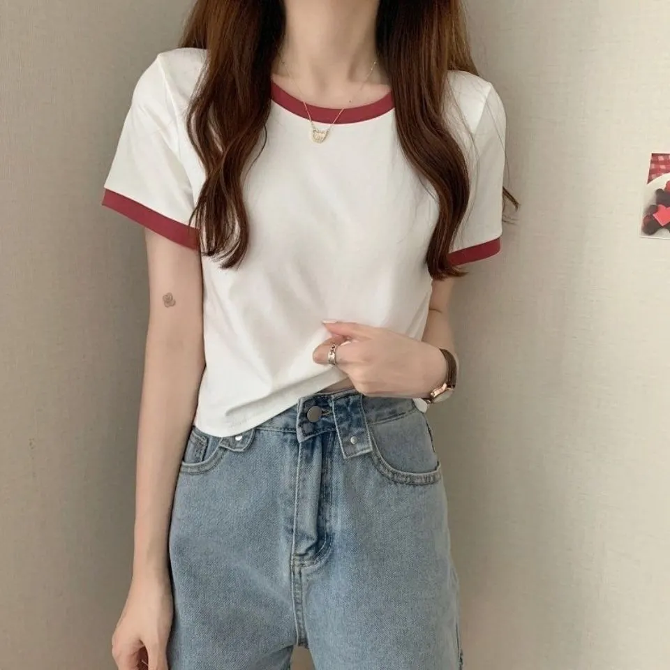 Uveng Uveng Color Round Collar Short-Sleeved T-Shirt Female 2024 New Summer Bottom Shirt Korean Version Slim Short Student Top Tide