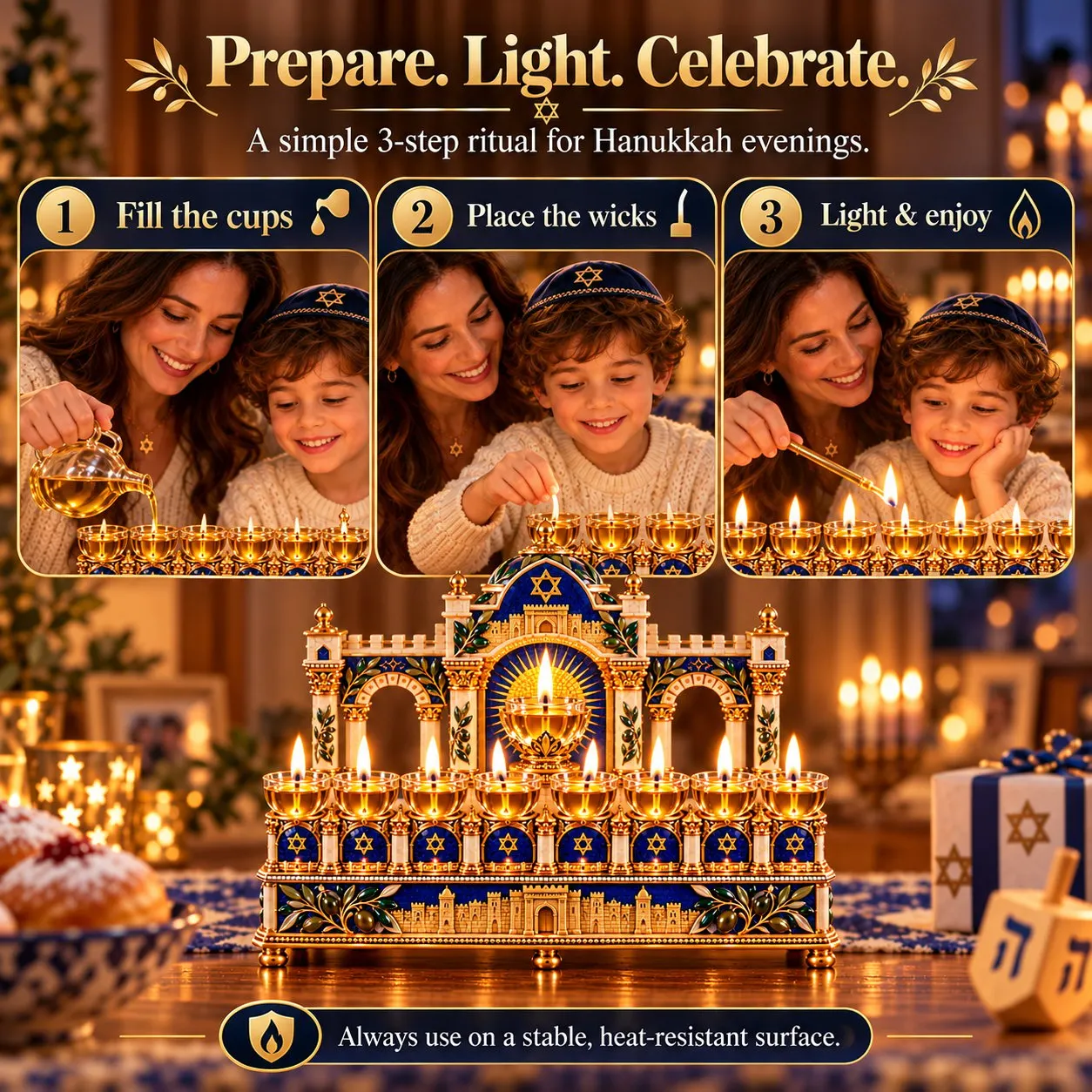Hanukkah temple light centerpiece detail