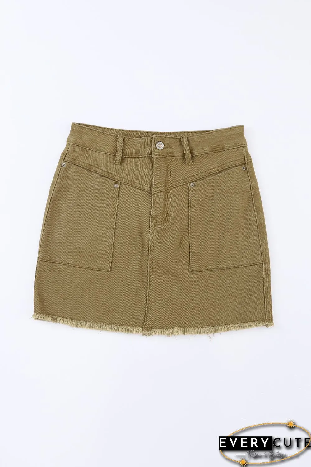 Brown High Waist Pocketed Frayed Hem Mini Denim Skirt