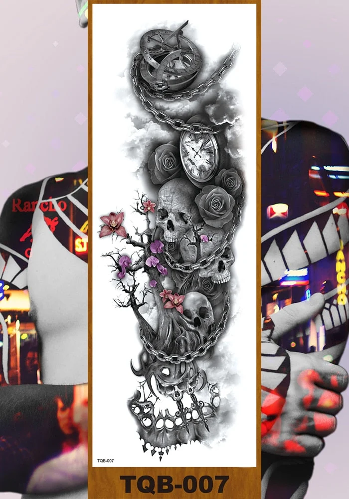 Full Flower Arm Temporary Tattoo Sticker Man Woman Body Leg Fake Tatoo Skull Night Demon Grim Reaper Good and Evil Waterproof