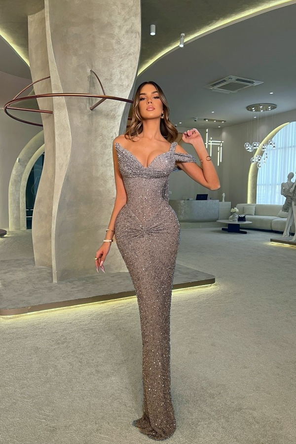 Deep V-Neck One Shoulder Sleeveless Long Mermaid Prom Dress With Pleated And Sequins | QL0098 Wellcucu