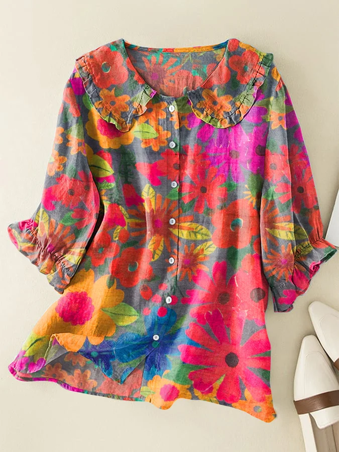 Vintage Bohemian Floral Cotton and Linen Peter Pan Ruffle Collar Shirt