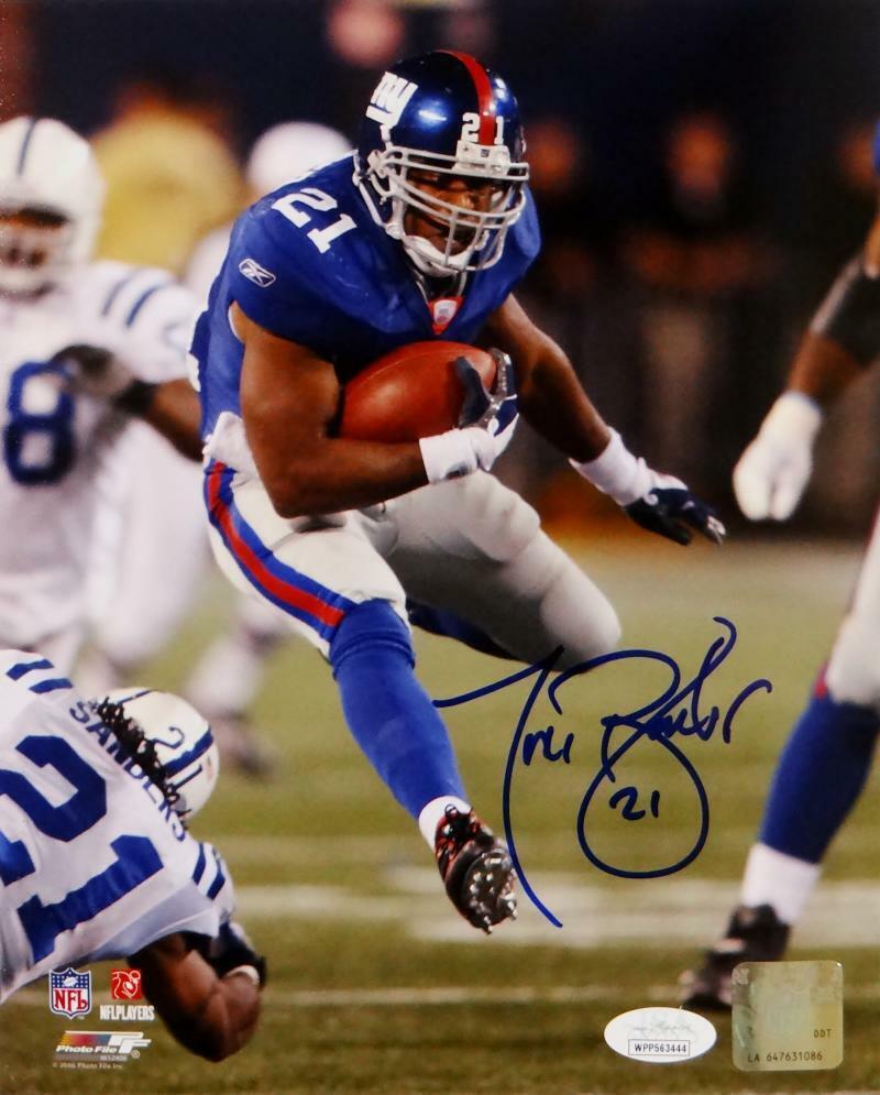 Tiki Barber Autographed New York Giants 8x10 Hurdling PF Photo Poster painting- JSA W Auth *Blue