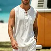 Men's Retro Vacation Cotton Linen Sleeveless Lace-Up Tank Top by Inlyline