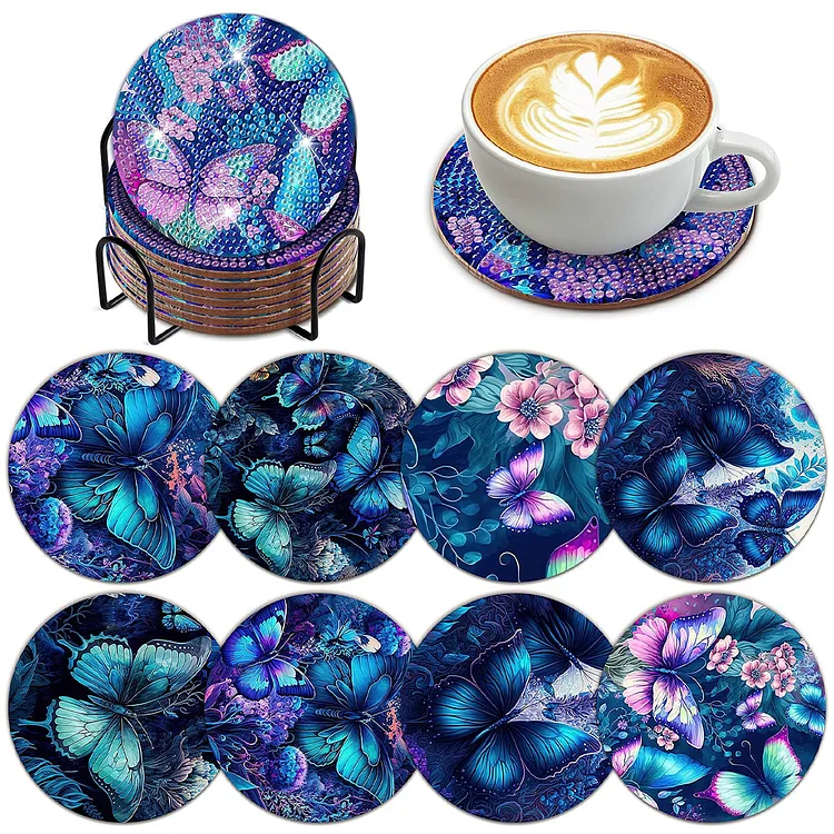  8 Pcs Diamond Painting Coasters with Holder, Butterfly