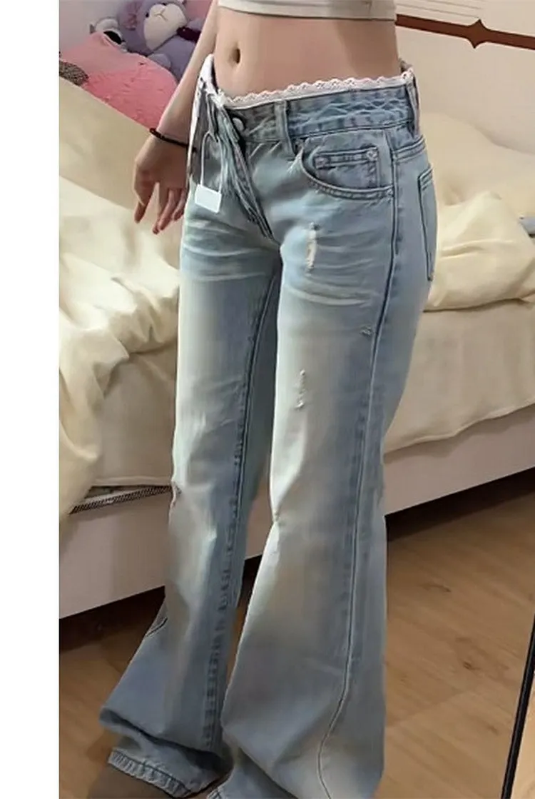 Low Rise Flared Jeans for Women in Light Wash Featuring Distressed Hem and