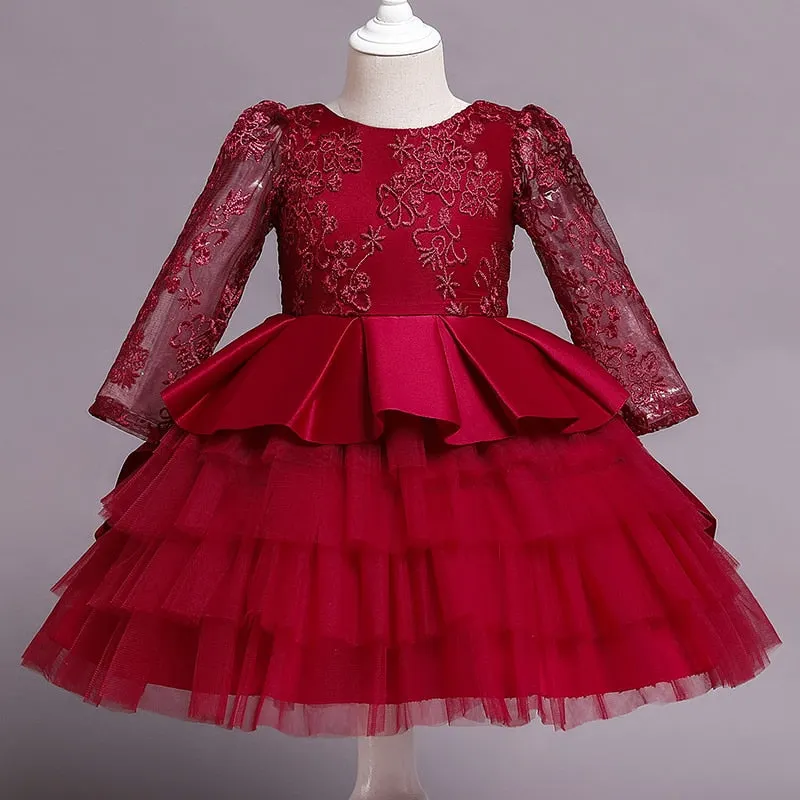 Vintage Baby Girl Birthday Red Tutu Princess Dress Kid Autumn Long Sleeve Christmas Prom Cloth Flower Girl New Year Lace Vestido
