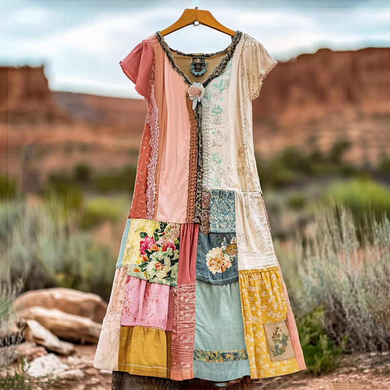 Women's Vintage Floral Patch Comfort Short Sleeve V Neck Dress