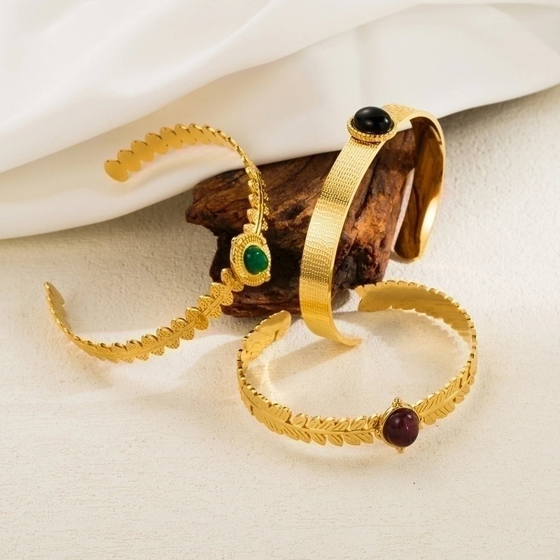 Modern Style Minimalist Leaf Round Stainless Steel Natural Stone Bangle In Bulk