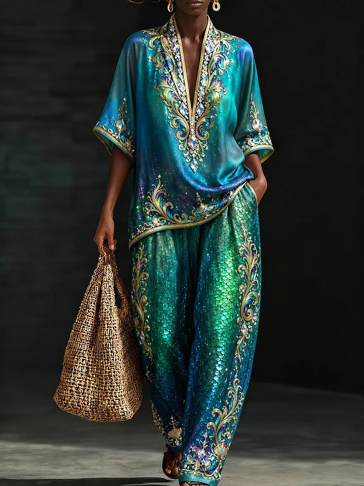 Turquoise Mermaid Sequin Two-Piece Set &ndash; Cosmic Fantasy Luxury Resort Wear with Gold Ornate Embroidery