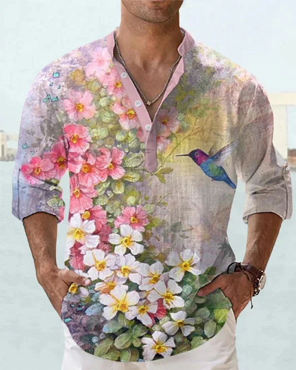 Men's Bird Floral Long Sleeve Shirt.