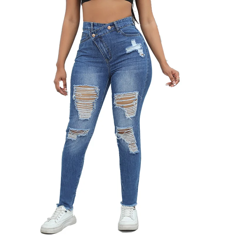 Women's Hiphop Ripped Jeans Design Button High Waist Slim Fit Denim Jean