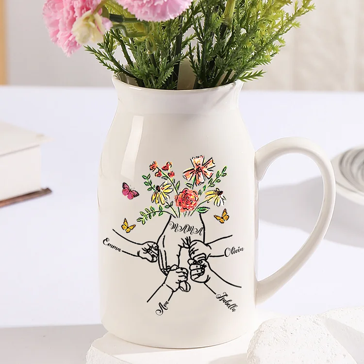 Personalisierte 4 Namen & Text Blume Hand in Hand Familie Vase