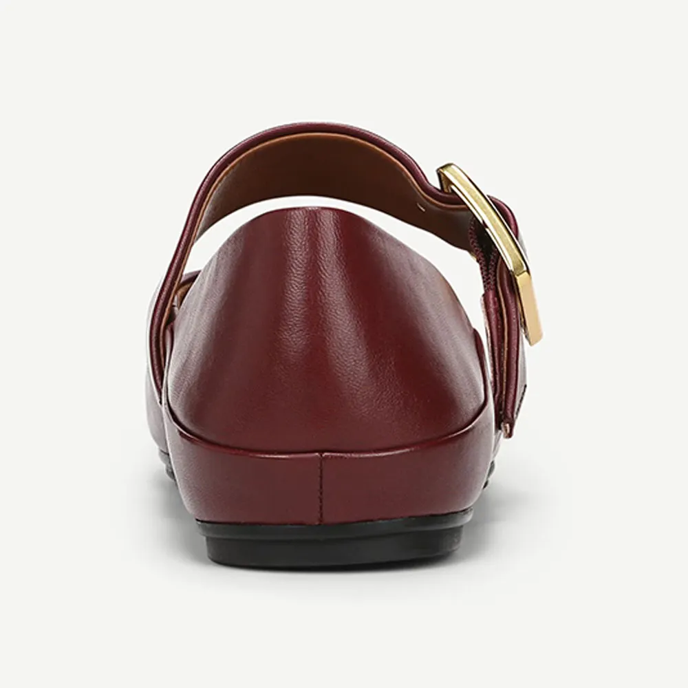 YDN Maroon Faux Leather Square Toe Buckle Strap Mary Jane Flats