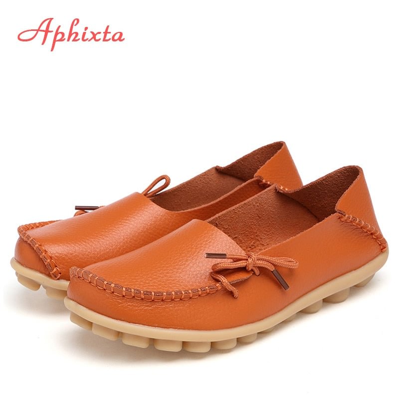 Aphixta Real Genuine Leather Shoes Woman Loafers Flats Shoe Moccasins Mother Lady Muler Cow Leather Female Flat Ballet Footwear