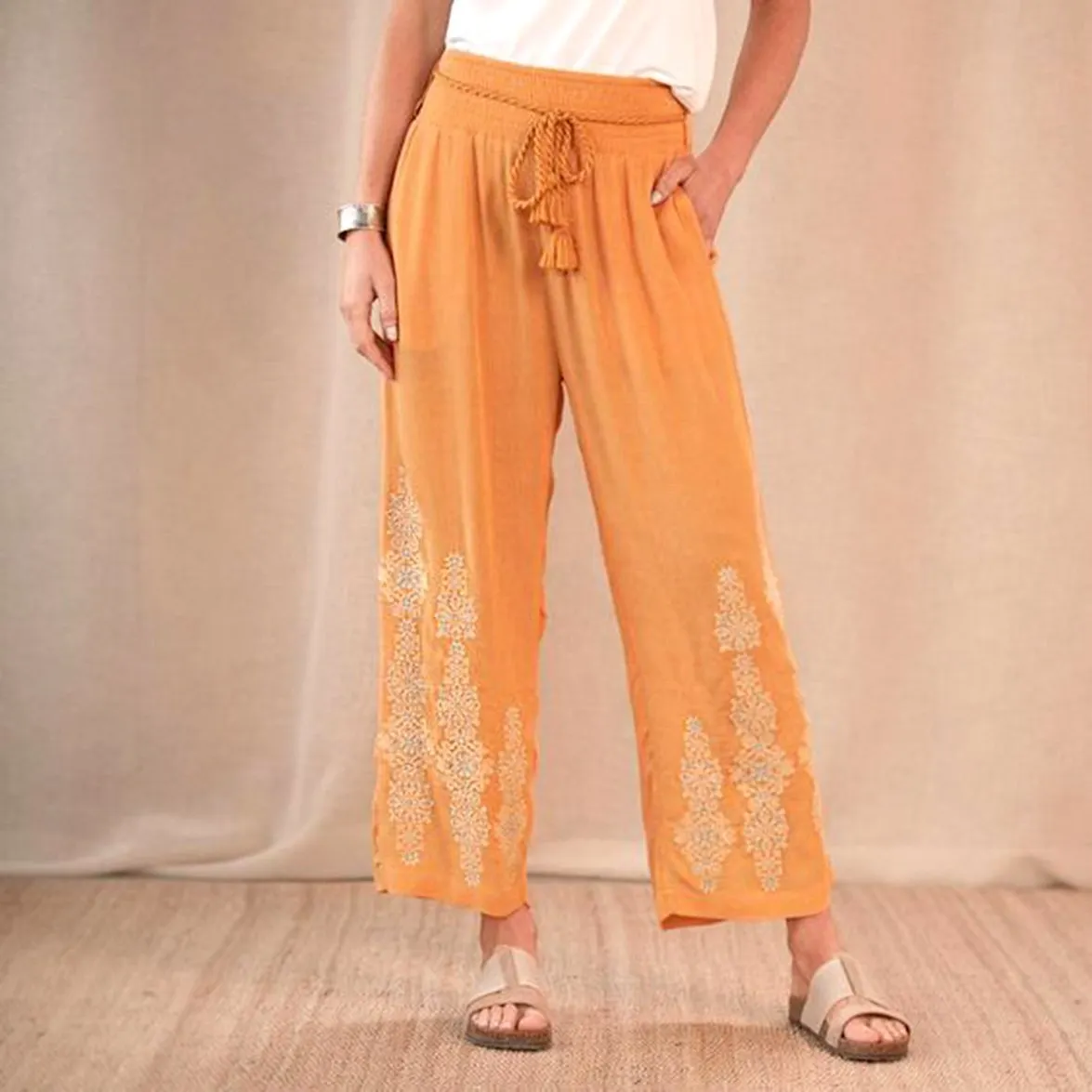Orange Elastic Straight Casual Pants