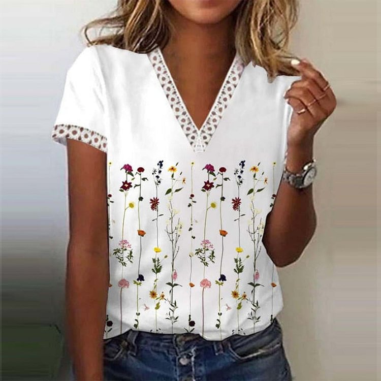 Floral Print Lace V-Neck White Short Sleeve Top