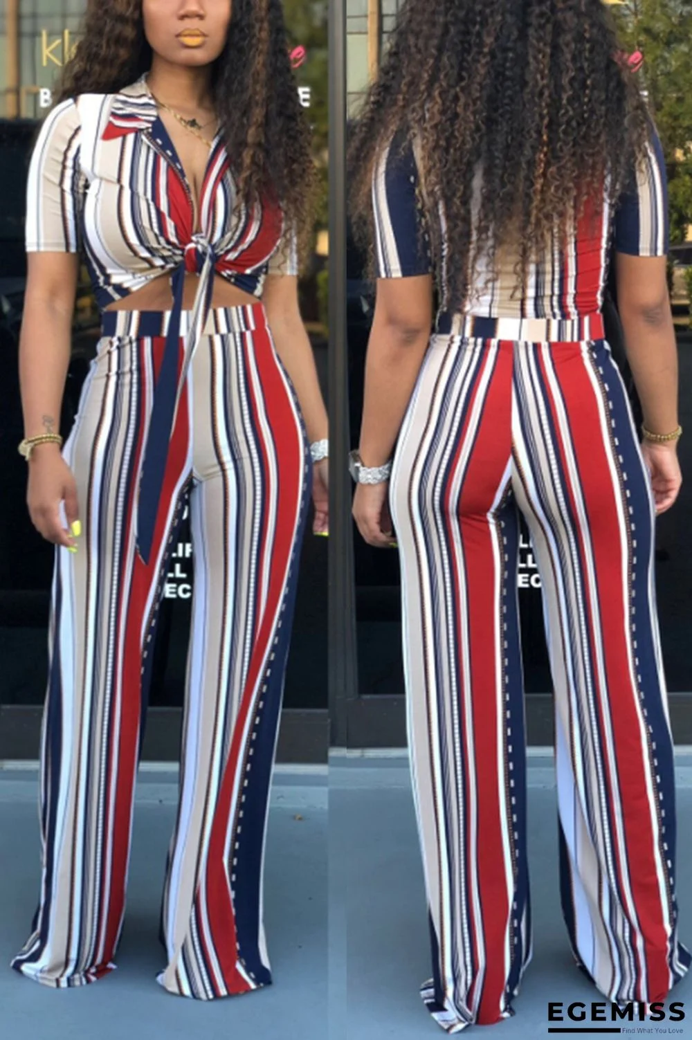 Red Sexy Fashion Bandage Two Piece Suits asymmetrical Striped crop top Skinny Short Sleeve Tw | EGEMISS