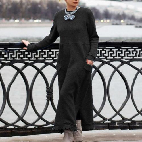 Vintage Women Autumn Winter Long Sleeve Lacework Hem Knit Maxi Dress