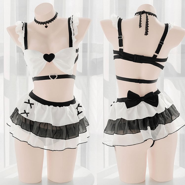 White Black Cute Bow Heart Top Ruffles Skirt Set SP16981