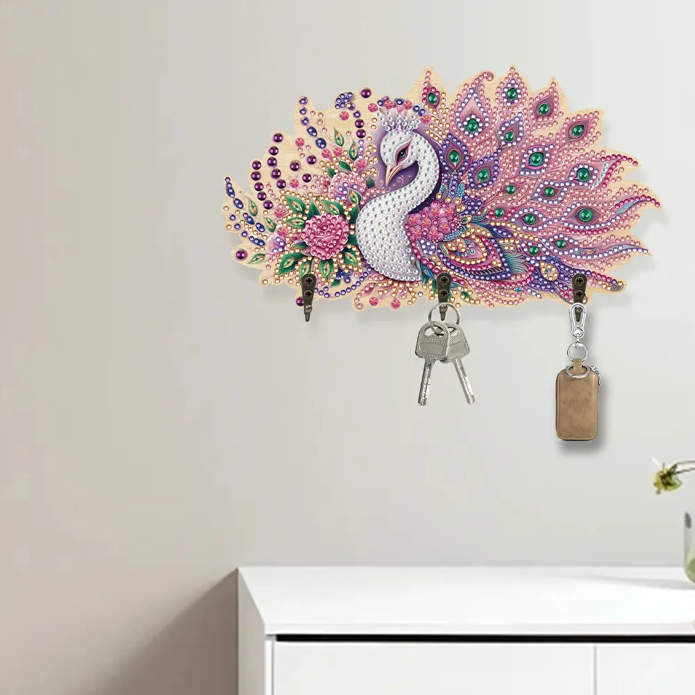 Wooden Pink Feather Peacock Diamond Painting Craft Wall Hooks A Row of 3 Hooks
