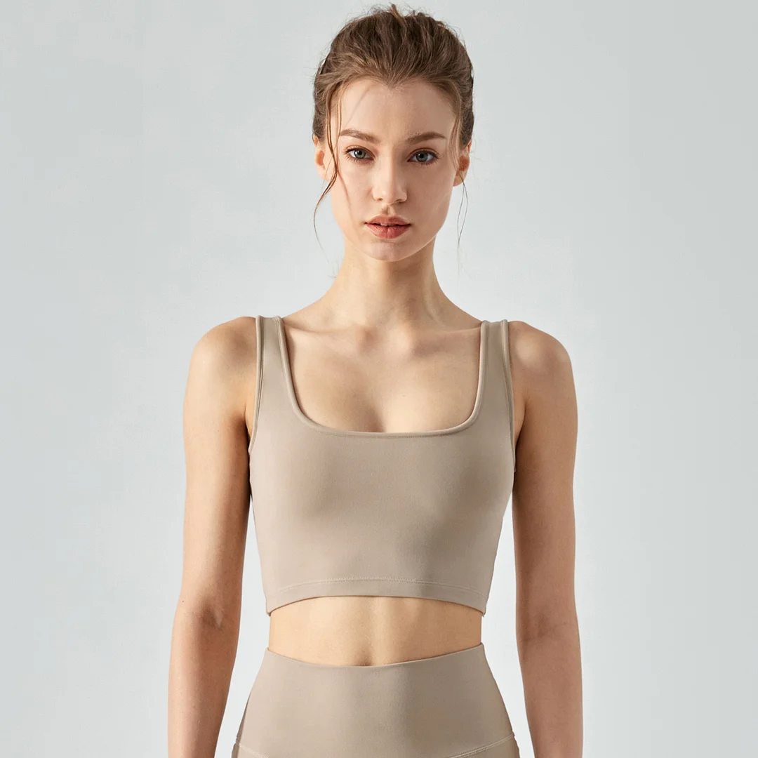 Hergymclothing Khaki square neck u back sustainable outerwear yoga sports bra with removable pads for sale