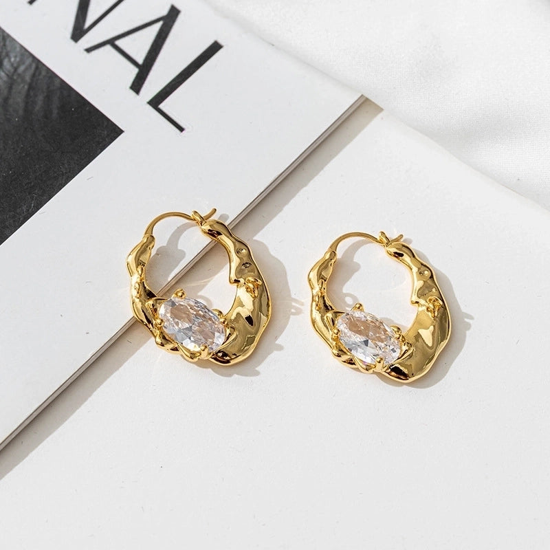 Temperament Zircon Irregular Brass Electroplated Real Gold Ear Buckle Niche High-end Retro French Earrings