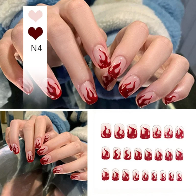 24pcs 4 Fire Patterns Design Cool Girls Hand Decorative False Nails with Glue Full Cover Detachable false nails with designs-Nail Inspo