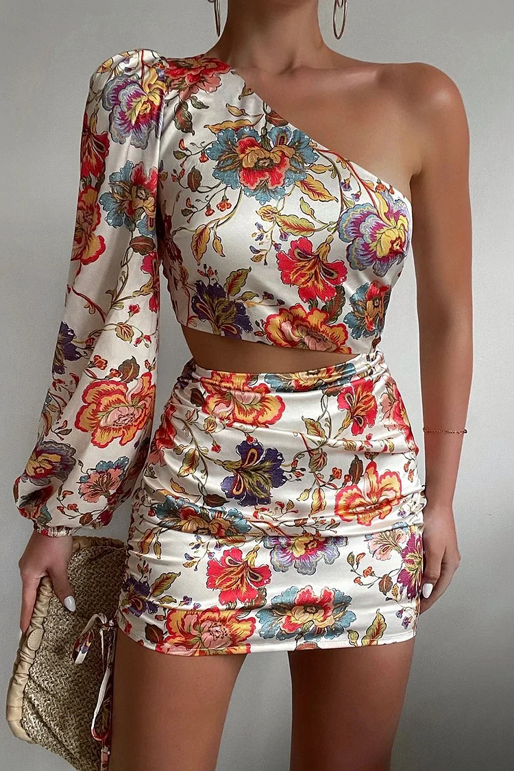 Printed One Shoulder Cutout Mini Dresses