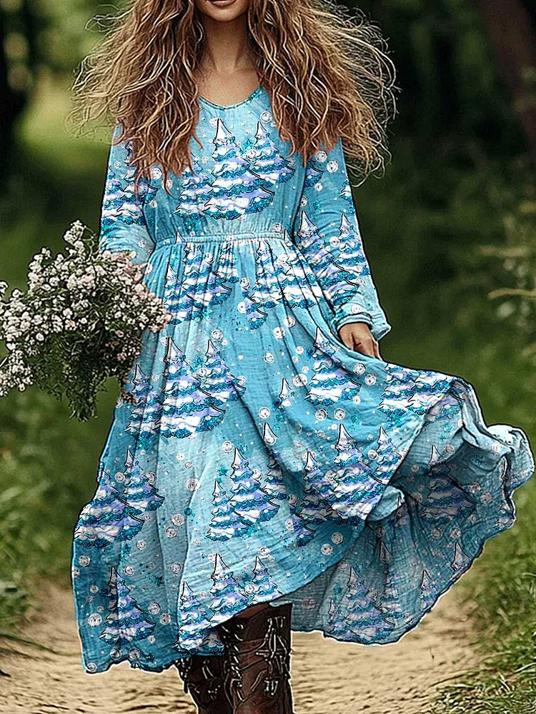 Womens Christmas Tree Pattern Cotton and Linen Dress