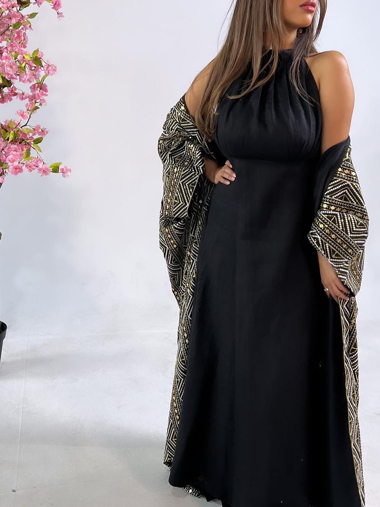 Elegant black neckline dress + embroidered cardigan two-piece set