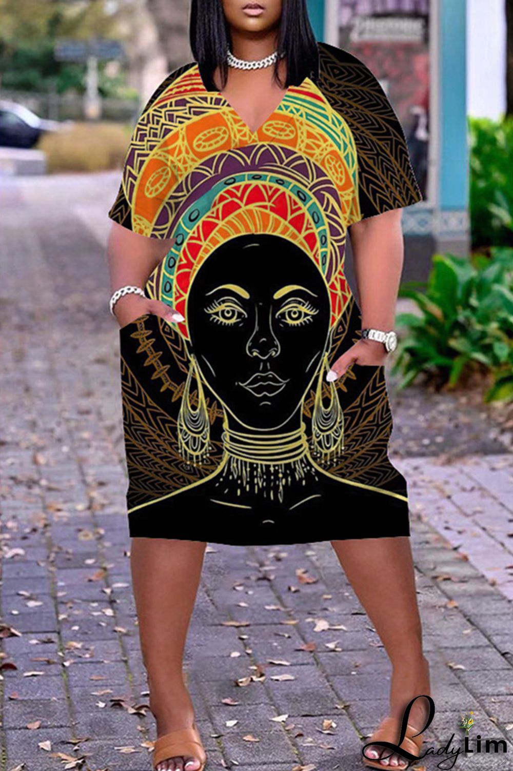 Green Yellow Fashion Casual Print Basic V Neck Short Sleeve Dress