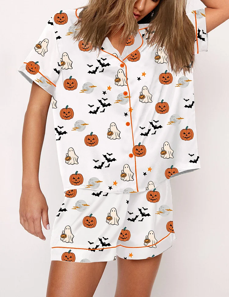 Women’s Spirit Halloween Pumpkin Boo Short Sleeve Satin Pajama Set