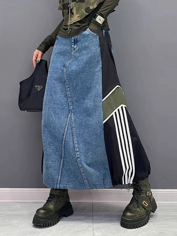 Color Matched Denim Patchwork A-Line Skirt