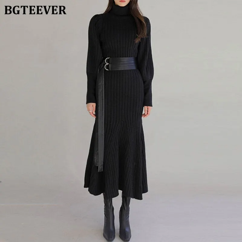 BGTEEVER Autumn Winter Turtleneck Women Knitted Dress 2020 Elegant Thick Full Sleeve Slim Mermaid Vestidos Femme